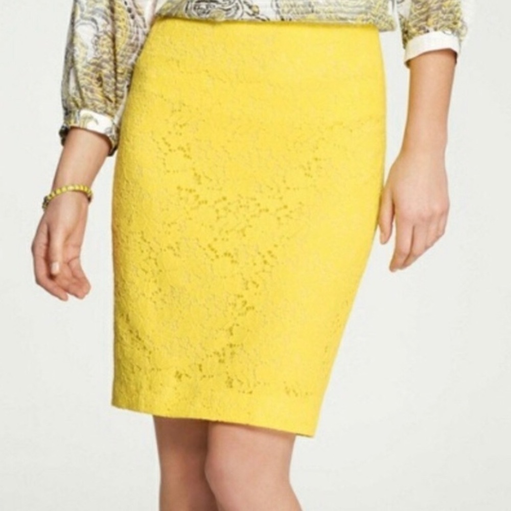 Ann Taylor Bright Yellow Floral Lace Pencil Skirt